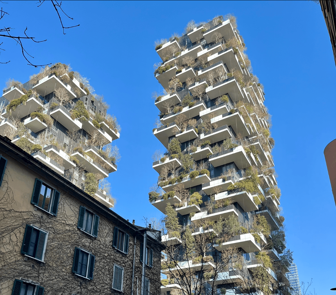Photo of high-rise apartment buildings with trees growing outside each level (Bosco Verticale Milano)