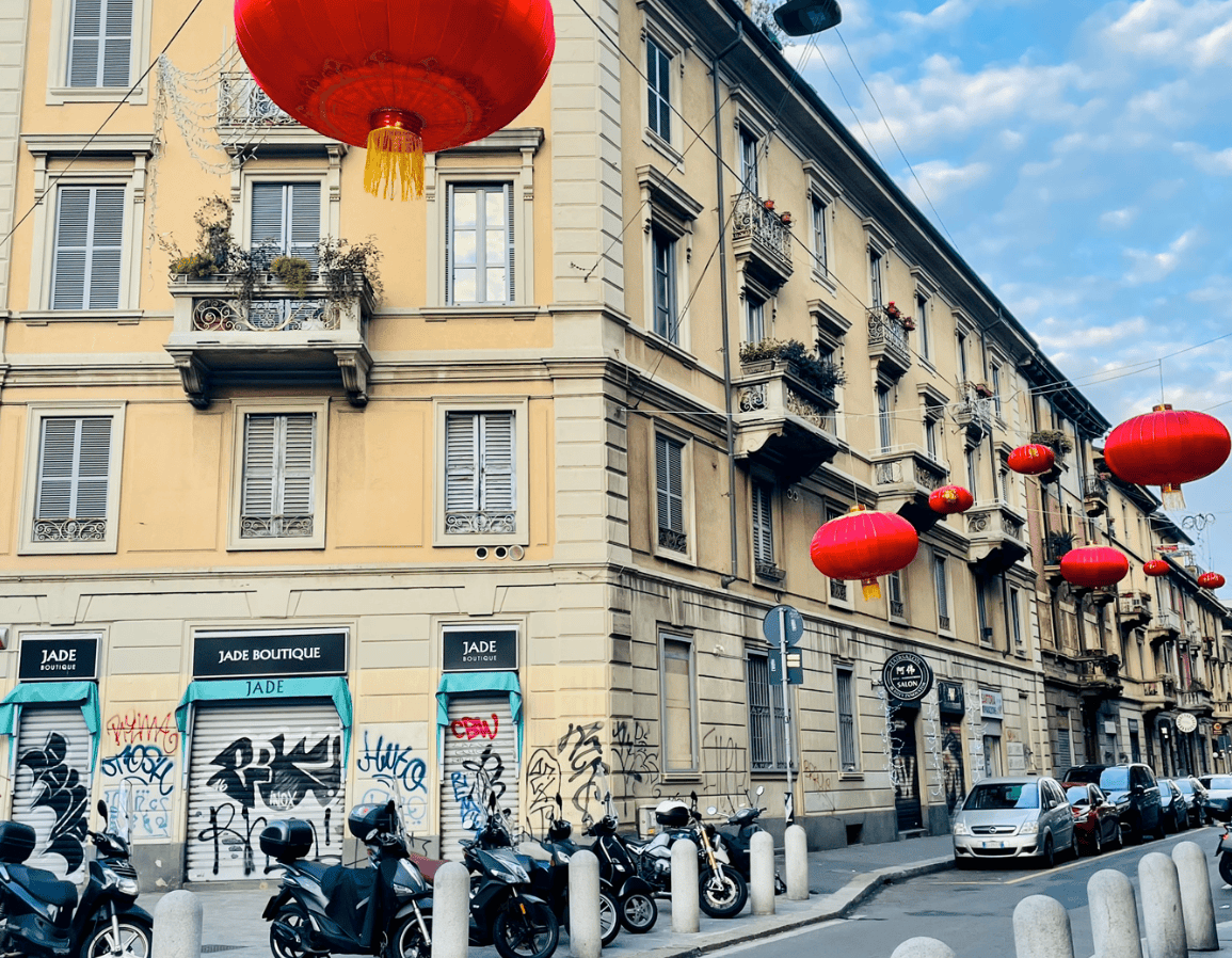 Red lanters adorn the streets in Milan's Chinatown during a quiet January morning