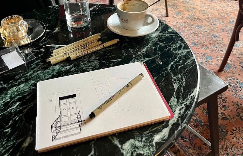 A marble table at Gramm Cafe.