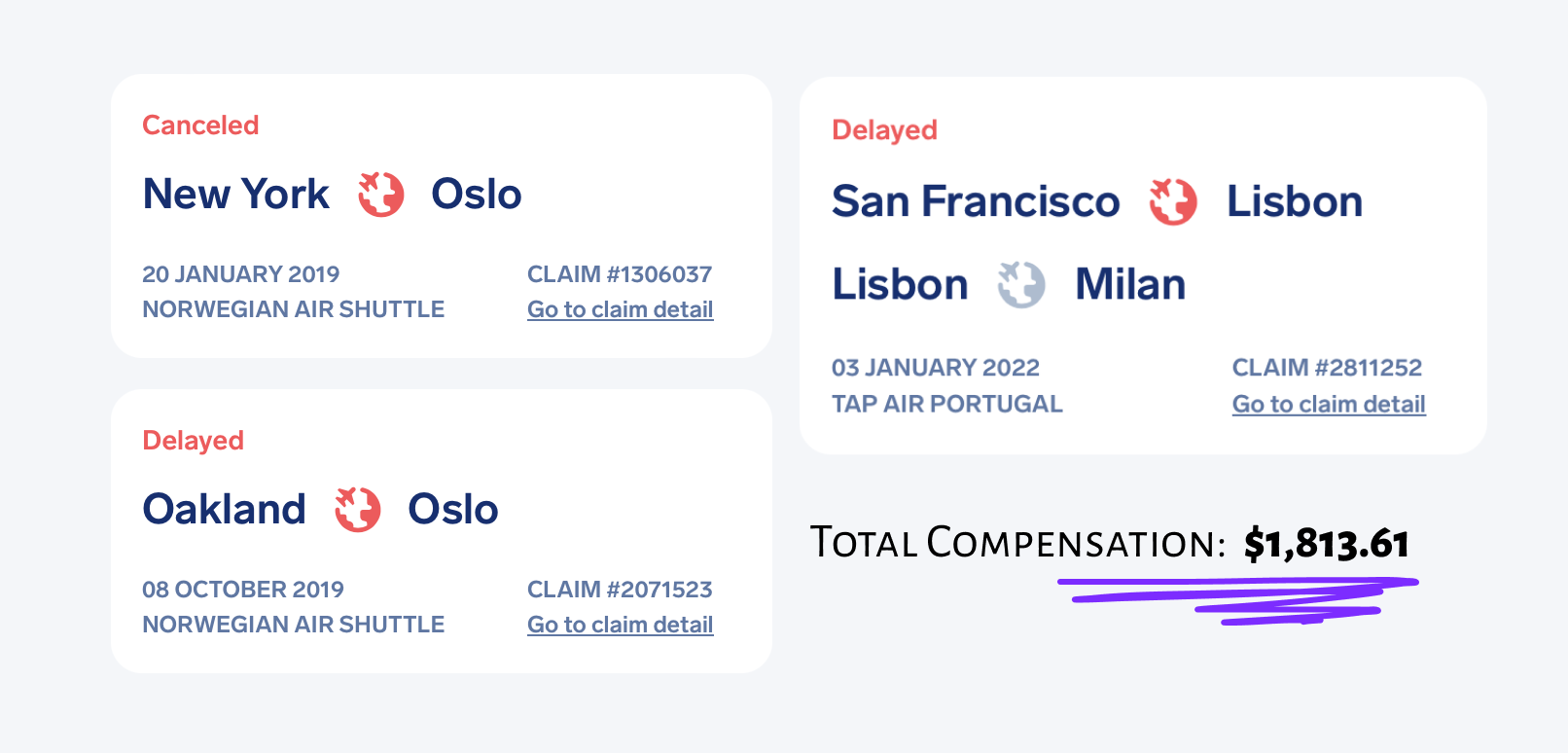 Screenshots of my successful Airhelp claims filed between 2019 and 2022.
