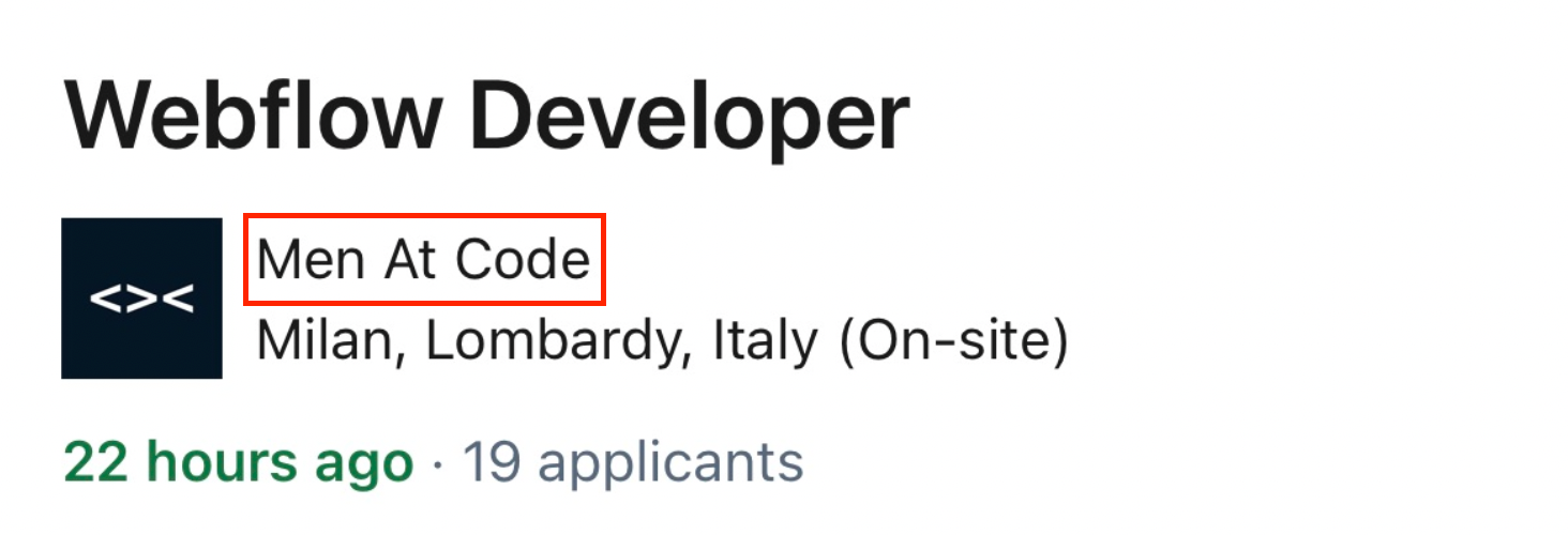 A LinkedIn job listing from an Italian company called "Men At Code".