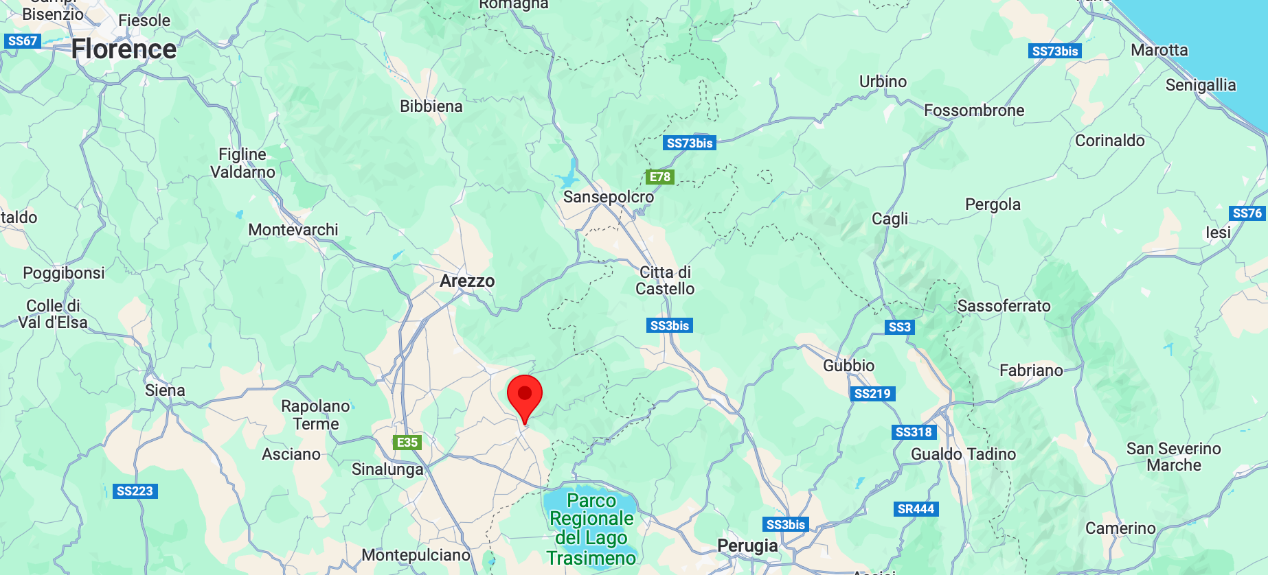 A screenshot of a map showing Cortona's position between Florence, Perugia, and Arezzo.