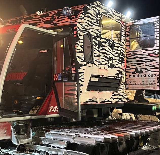 The zebra-print snowplow that brought us to our dinner reservation.