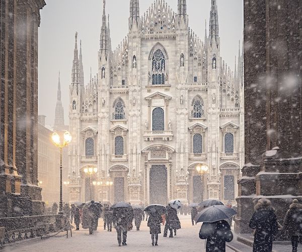 Snow near Duomo in Milan, Italy. Image by Midjourney.